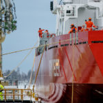 a large ship in the background