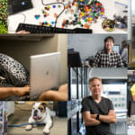 een man en een vrouw die bij een bureau met een hond zitten