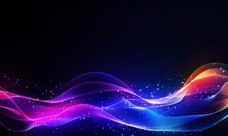 Abstract flowing waves of purple, blue, pink and orange light against a dark background.